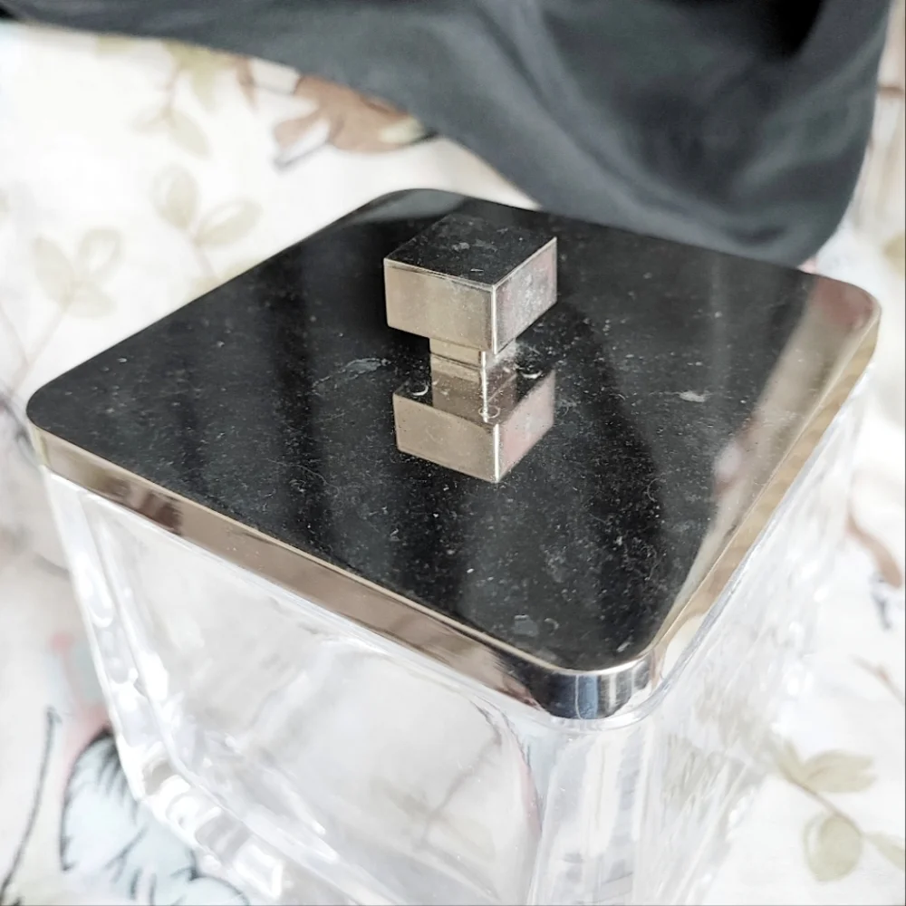 Heavy Glass Reproduction Apothecary Bath Jar Chrome Square Lid Metallic Writing